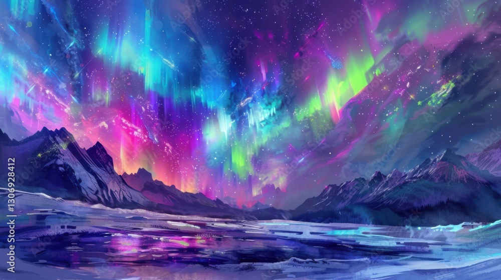 Fototapeta premium Vibrant Aurora Borealis Over Serene Mountain Landscape at Night