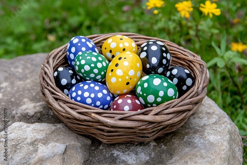 A basket filled with freshly laid, multi-colored eggs from free-range chickens