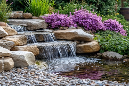 Fototapeta Naklejka Na Ścianę i Meble -  Cascading waterfall enhancing tranquil garden pond with lush greenery
