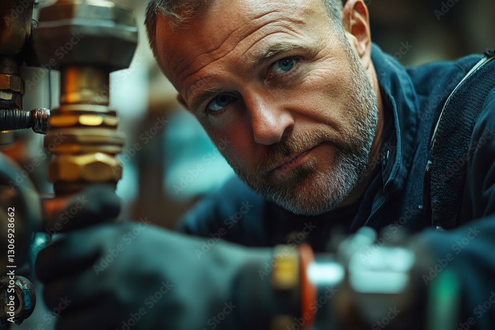 Industrial plumber fixing tubes and pipes in a factory Industrial plumber fixing tubes and pipes in a factory