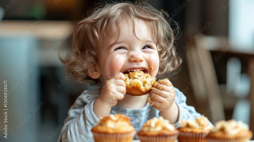 Cute child enjoys muffin. Happy toddler eating sweet cupcake. Little kid with dirty face loves snack. Tasty breakfast with smile. Cute child enjoys muffin. Happy toddler eating sweet cupcake. Little kid with dirty face loves snack. Tasty breakfast with smile.