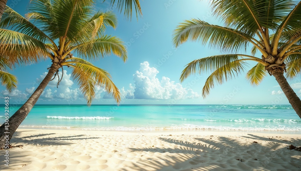 Idyllic tropical beach with palm trees and turquoise water Idyllic tropical beach with palm trees and turquoise water