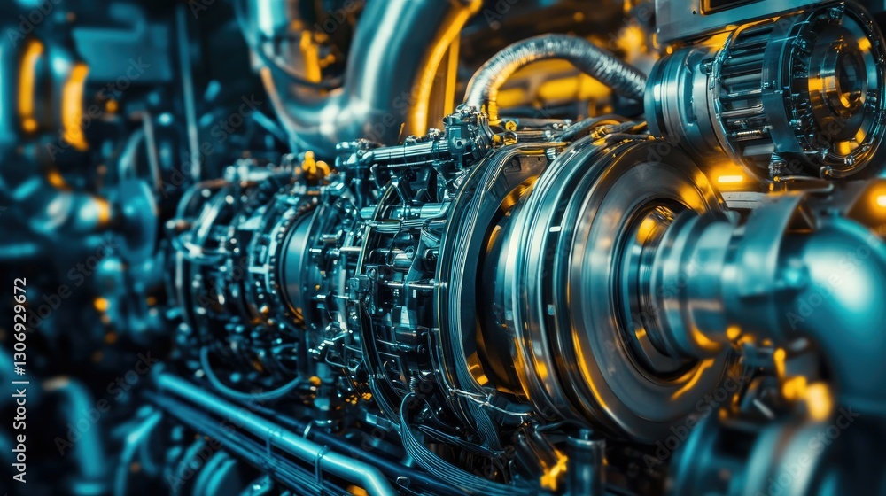 Fototapeta premium A futuristic and complex engine, with intricate mechanical components and glowing lights