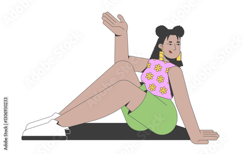 Latina woman in floral top sitting comfortably, waving playfully 2D cartoon character. Hispanic female confident friendly demeanor flat vector person isolated on white. Spot illustration colorful
