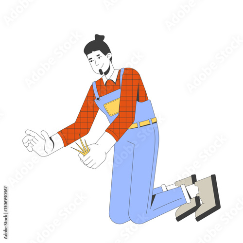 Male farmer kneeling and weeding garden 2D cartoon character. Countryman in overalls and plaid shirt, agriculturalist removing weeds flat vector person isolated on white. Spot illustration colorful