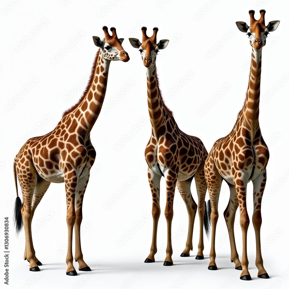 Fototapeta premium Three Rothschild giraffes stand tall against transparent background, distinctive coats. Isolated mammals highlight nature wildlife. Long necks, high stature define creatures, perfect for safari