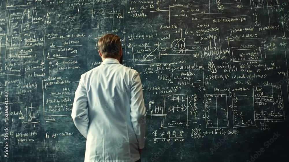 Scientist studying complex equations on chalkboard. Possible use for educational materials Scientist studying complex equations on chalkboard. Possible use for educational materials
