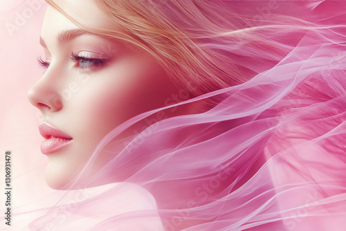 A soft pink background, ele...