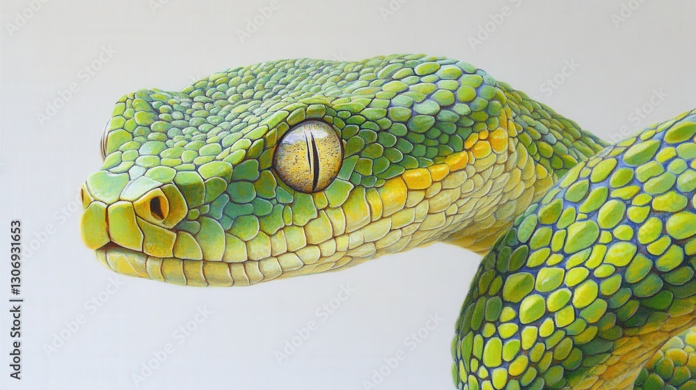 Obraz premium Vibrant green serpent head with sinuous neck, adorned by vivid yellow-green scales forming intricate, contrasting patterns that shimmer with life