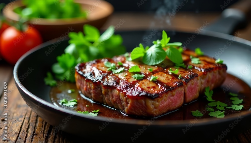 Sizzling flank steak, fresh chimichurri, rustic grill pan setting , tasty, gastronomy, food photography Sizzling flank steak, fresh chimichurri, rustic grill pan setting , tasty, gastronomy, food photography