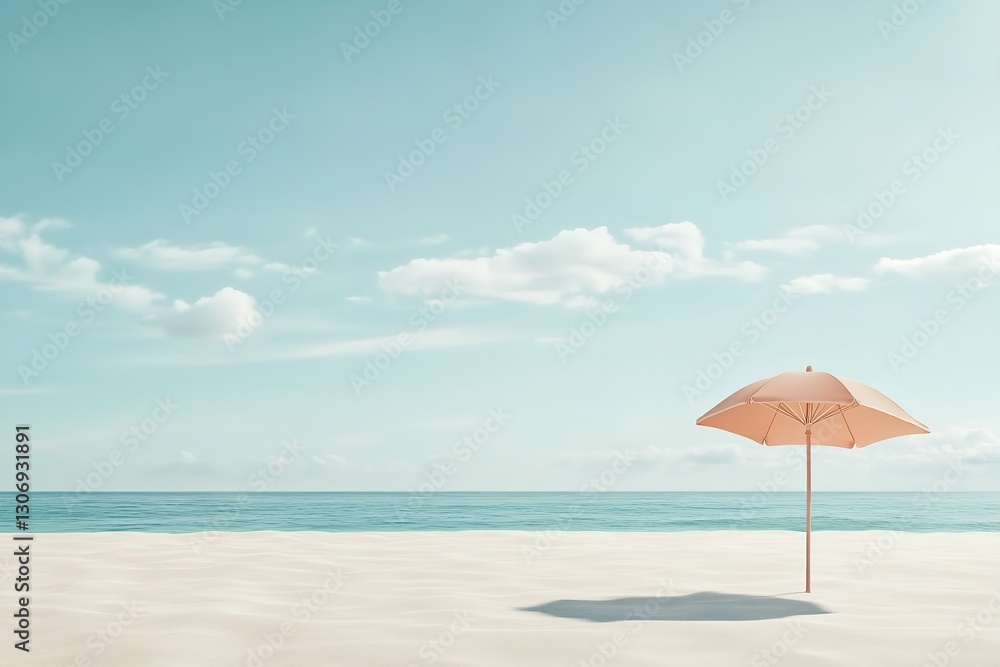 Relaxing beach with a pink umbrella on soft sand under a clear blue sky by the calm ocean Relaxing beach with a pink umbrella on soft sand under a clear blue sky by the calm ocean