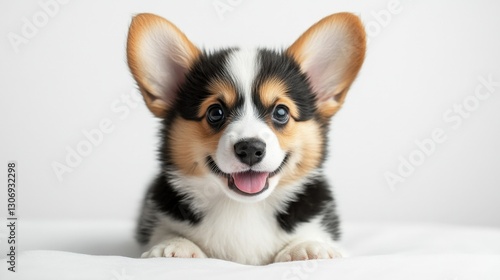 A charming black-and-white Pembroke Welsh Corgi puppy rests on a pristine white backdrop, eyes bright with curiosity as its ears perk up to the right