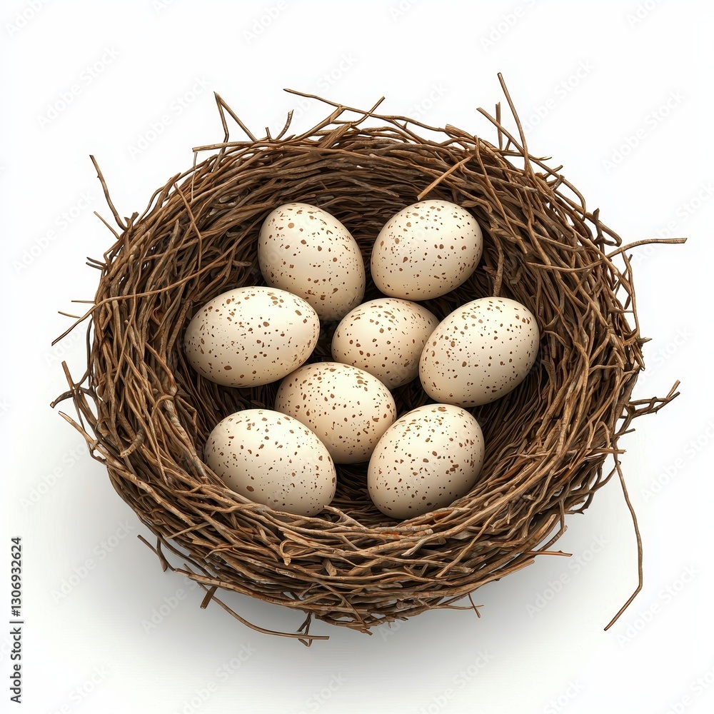 Realistic 3D Icon Cartoon of a Birds Nest Filled with Tiny Beige Eggs isolated on clear white background Realistic 3D Icon Cartoon of a Birds Nest Filled with Tiny Beige Eggs isolated on clear white background