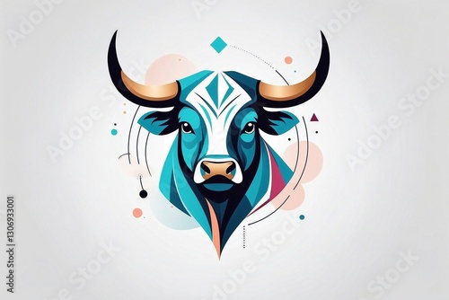 Minimalist logo featuring a cute bull in stencil-style graphics over a stock market chart background