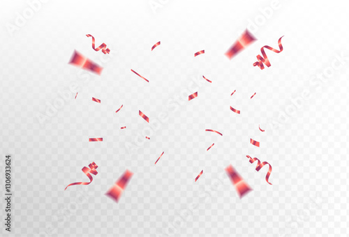 red confetti and ribbon streamers falling on a transparent background. blurred. Big and small,abstract frame,Vector.