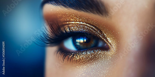 Close-up of beautifully made-up eye with golden eyeshadow glitter
