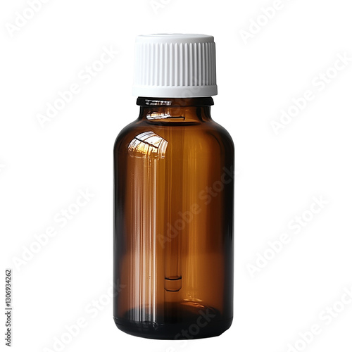 Empty amber glass bottle with white cap for pharmaceutical or cosmetic use