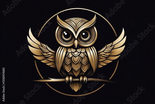 Minimalist logo featuring a cute owl on a black background, modern design in stencil graphic style with tattoo elements photo