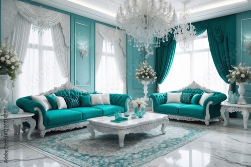 Luxurious living room adorned with turquoise and white stones, intricate crystal decorations, and white flowers, elegant and modern interior
