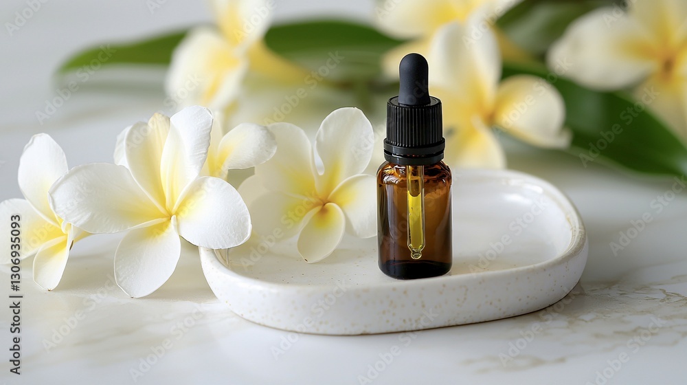 Glass bottle of serum displayed with beautiful white flowers naturally Glass bottle of serum displayed with beautiful white flowers naturally