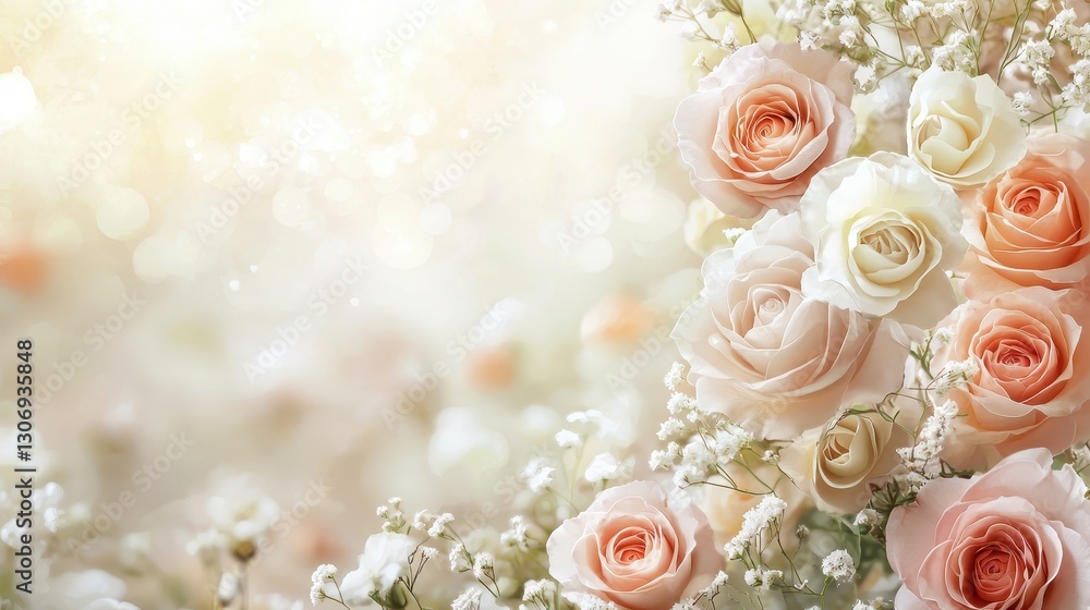 Soft Pastel Roses with Delicate Baby's Breath in Light Background Soft Pastel Roses with Delicate Baby's Breath in Light Background