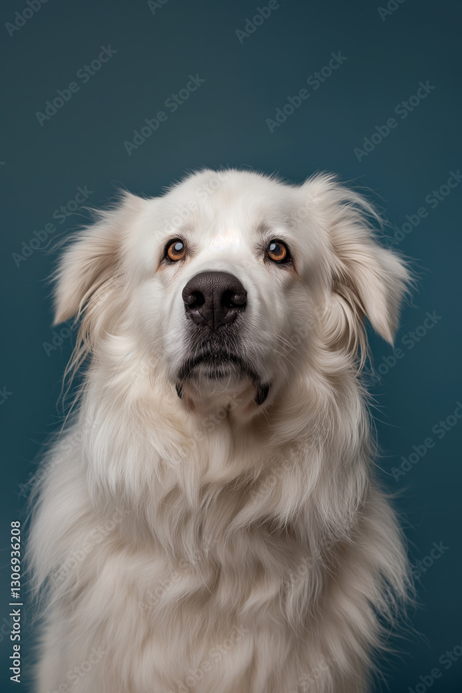 Fototapeta premium Great Pyrenees dog on minimalistic colorful background with Copy Space. Perfect for banners, veterinary ads, pet food promotions, and minimalist designs.