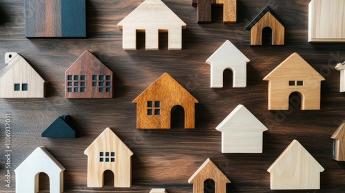 Diverse Wooden House Models on Dark Wood Background: Real Estate Concept