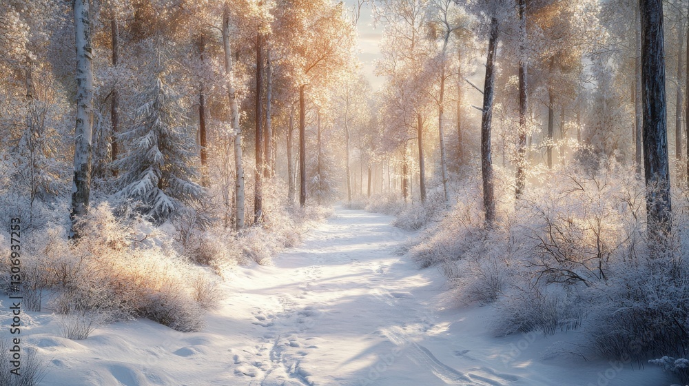Fototapeta premium A serene winter forest path, surrounded by snow-covered trees and soft, golden light filtering through branches.