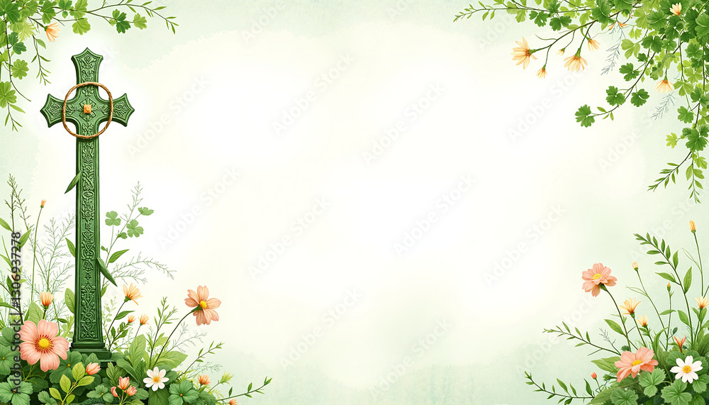 Beautiful Celtic Cross surrounded by vibrant flowers and greenery on a soft background for St. Patrick’s Day with copy space Beautiful Celtic Cross surrounded by vibrant flowers and greenery on a soft background for St. Patrick’s Day with copy space