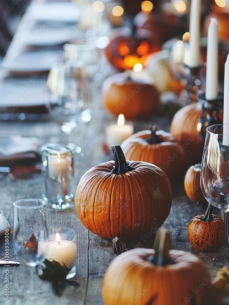 Fototapeta premium Cozy Autumn Table Setting with Pumpkins and Candles for Fall Celebration