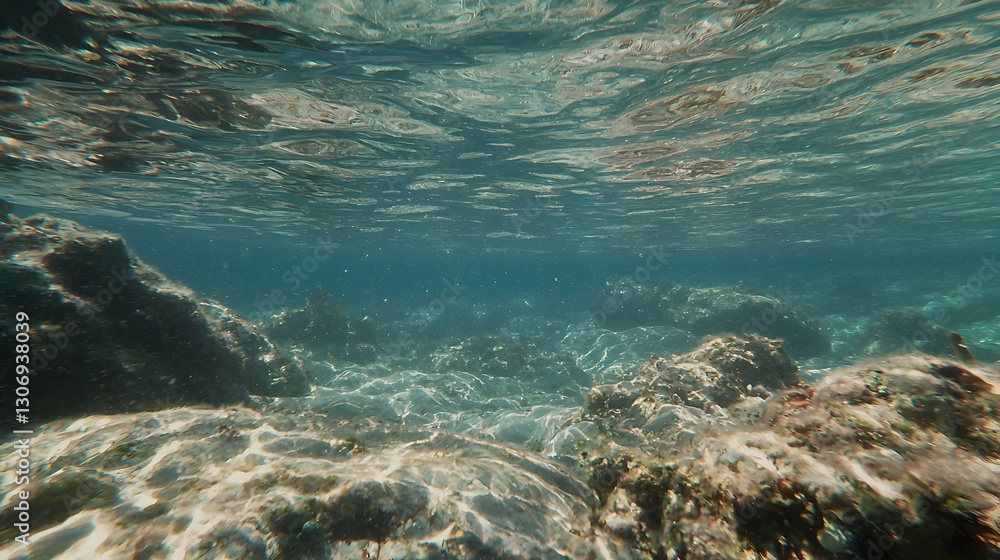 Obraz premium Underwater rocky shallows, sunlit, coral reef, calm water