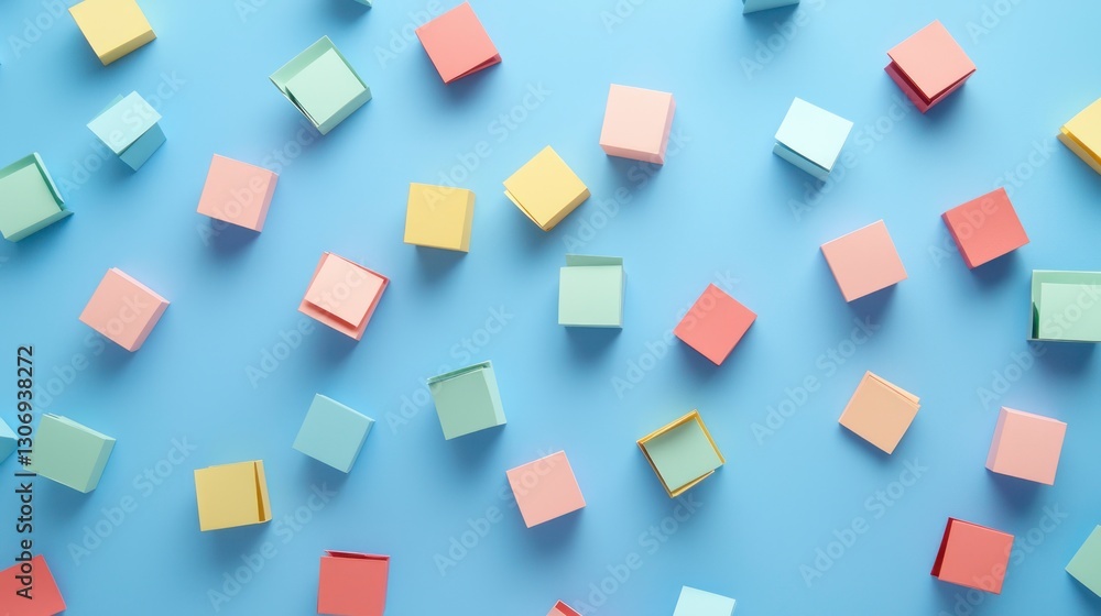 Colorful paper blocks scattered on a blue background