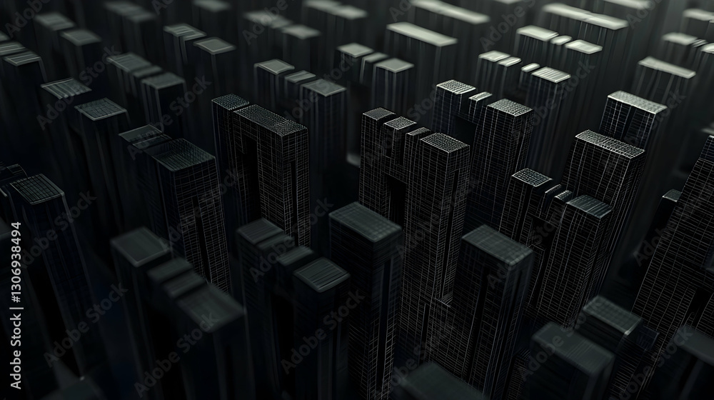 Obraz premium Dense city skyline, aerial view, futuristic architecture, dark tones, background blur, urban development illustration