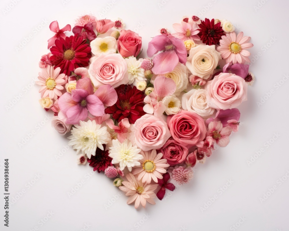 Heart shape made of colorful flowers on white background, top view. Heart shape made of colorful flowers on white background, top view.