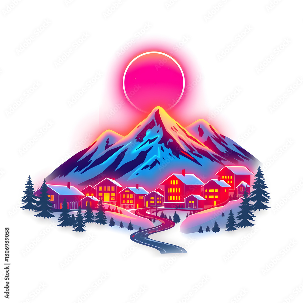 Fototapeta premium Alpine village holographic 3D icon. neon symbol vector illustration isolated on white background. Generative AI