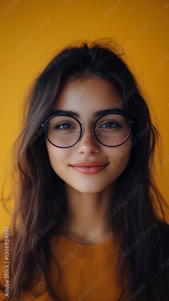 Person with glasses in front of yellow background Person with glasses in front of yellow background
