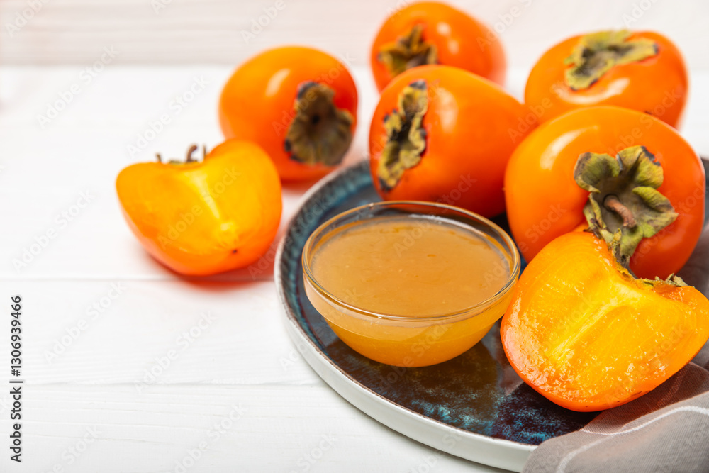 Persimmon jam with slices of ripe persimmon on wooden textured table. Delicious persimmon jam. Marmalade. Healthy sweets. Vegan. Close-up. Space for text. Copy space. Persimmon jam with slices of ripe persimmon on wooden textured table. Delicious persimmon jam. Marmalade. Healthy sweets. Vegan. Close-up. Space for text. Copy space.