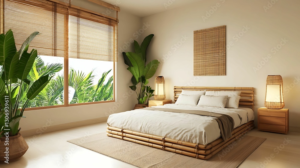 minimalist interior bamboo furniture, texture. A serene bamboo-themed bedroom featuring a cozy bed, natural light, and lush greenery, creating a peaceful and inviting atmosphere. minimalist interior bamboo furniture, texture. A serene bamboo-themed bedroom featuring a cozy bed, natural light, and lush greenery, creating a peaceful and inviting atmosphere.
