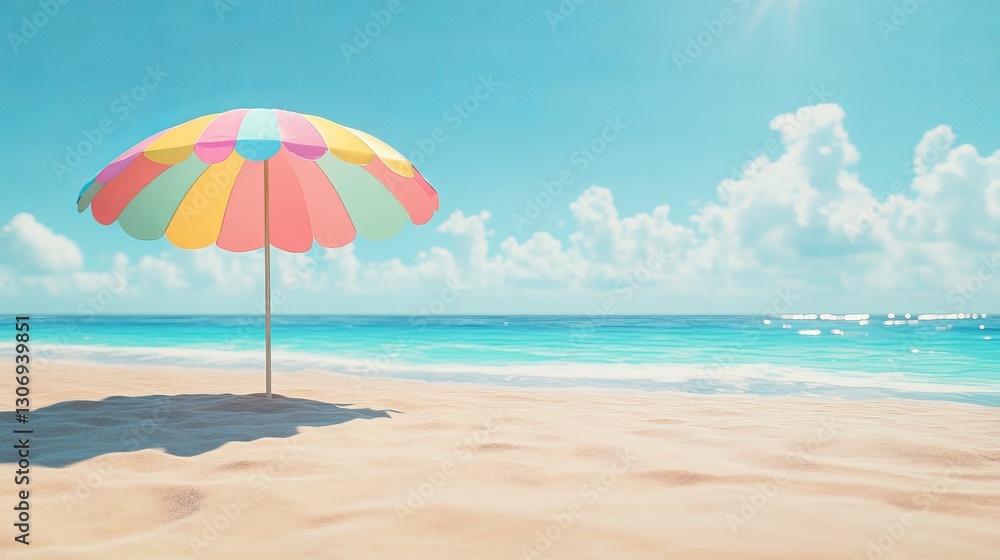 A colorful beach umbrella casting shade on the sand, bright blue ocean in the background, relaxing and inviting atmosphere, ultra-realistic, vibrant colors, 4K. A colorful beach umbrella casting shade on the sand, bright blue ocean in the background, relaxing and inviting atmosphere, ultra-realistic, vibrant colors, 4K.