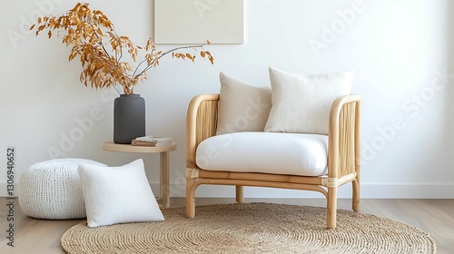 minimalist interior bamboo furniture  texture. A cozy  modern living space featuring a rattan armchair  soft cushions  and natural decor elements like a vase and floor rug.
