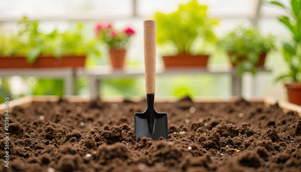 Garden spade standing upright in potting soil under greenhouse light, gardening Garden spade standing upright in potting soil under greenhouse light, gardening