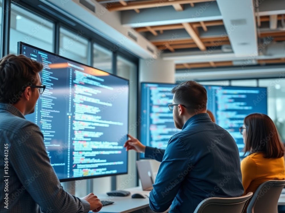 Developers collaborate in code reviews via screen in office Developers collaborate in code reviews via screen in office