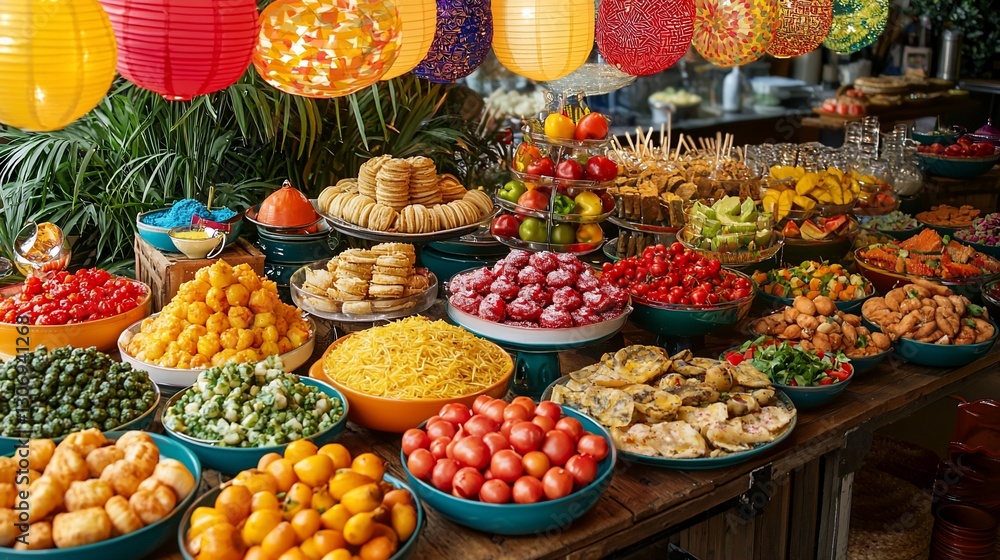 Vibrant fruit and snack display at a festive market, surrounded by colorful lanterns and greenery Vibrant fruit and snack display at a festive market, surrounded by colorful lanterns and greenery