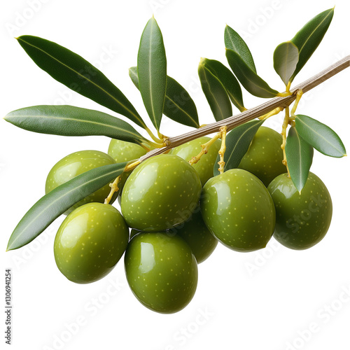Close-up of ripe green olives on a branch surrounded by green leaves, symbolizing nutrition, nature, and Mediterranean agriculture. 