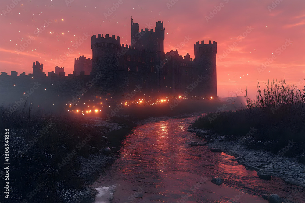 Fototapeta premium Silhouette Castle By River At Sunset