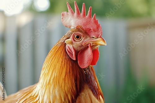 A free-range rooster standing proudly in a sunlit farmyard, its colorful feathers shimmering