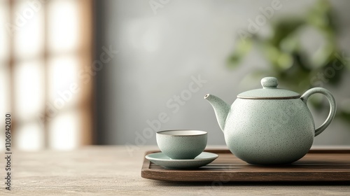 Wallpaper Mural Elegant Ceramic Teapot and Cup on Wooden Tray with Soft Natural Light and Blurred Background Torontodigital.ca