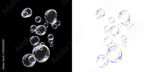 Transparent soap bubbles floating in the air, reflecting iridescent light with a realistic 3D effect on black and white backgrounds. Soft reflections, rainbow glow, and dreamy aesthetics.