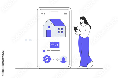 Real estate online. Woman Character pays house rent online via phone. Flat Cartoon Vector Illustration, icon. Stylish abstract web
