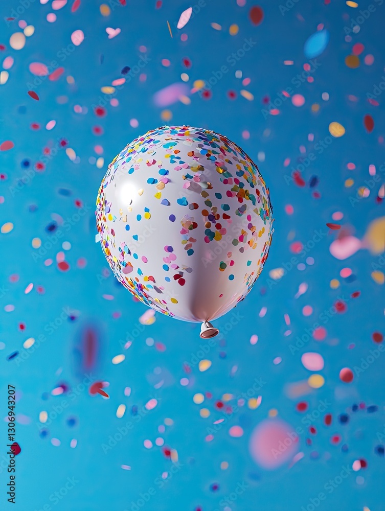 Fototapeta premium Festive balloon explosion amidst swirling confetti against azure backdrop